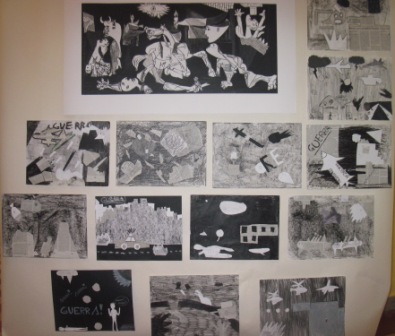 21. Pannello con alcune tavole realizzate dagli alunni in stile Guernica. Collage e chiaroscuro su sfondo nero o grigio
