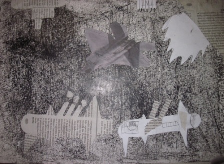 22. Tavola di un alunno in stile Guernica. Collage e chiaroscuro su sfondo nero o grigio