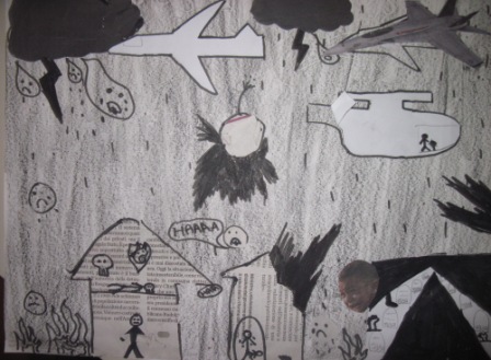 23. Tavola di un alunno in stile Guernica. Collage e chiaroscuro su sfondo nero o grigio
