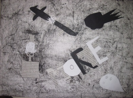 24. Tavola di un alunno in stile Guernica. Collage e chiaroscuro su sfondo nero o grigio