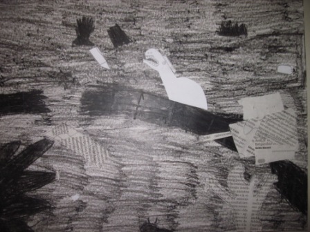 25. Tavola di un alunno in stile Guernica. Collage e chiaroscuro su sfondo nero o grigio