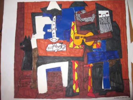 33. Tavola di un alunno copia de I musicanti di P.Picasso. Collage + coloritura a pennarello.